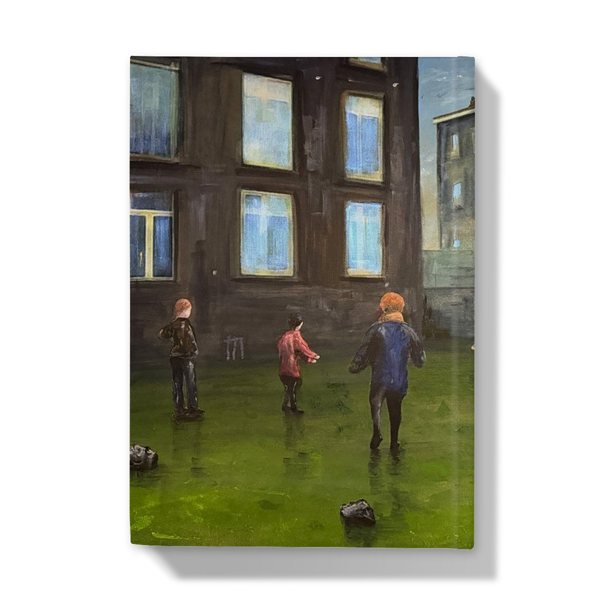 Green canvas print of children playing in courtyard for Time Hardback Journal