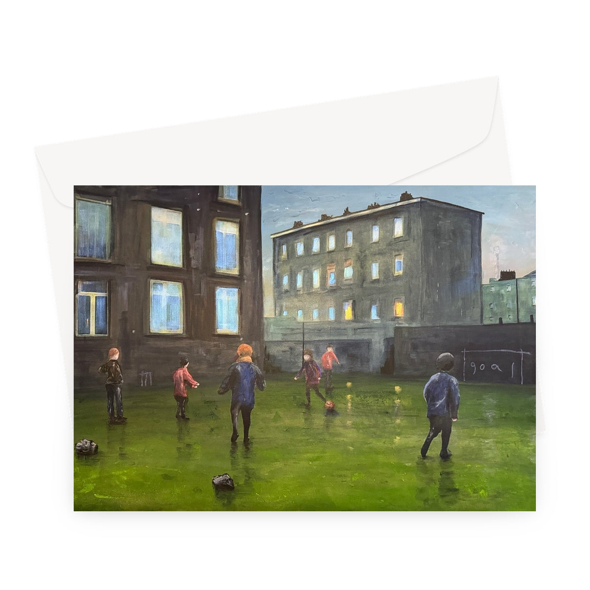 Green soccer field with players in colorful jerseys amid city buildings