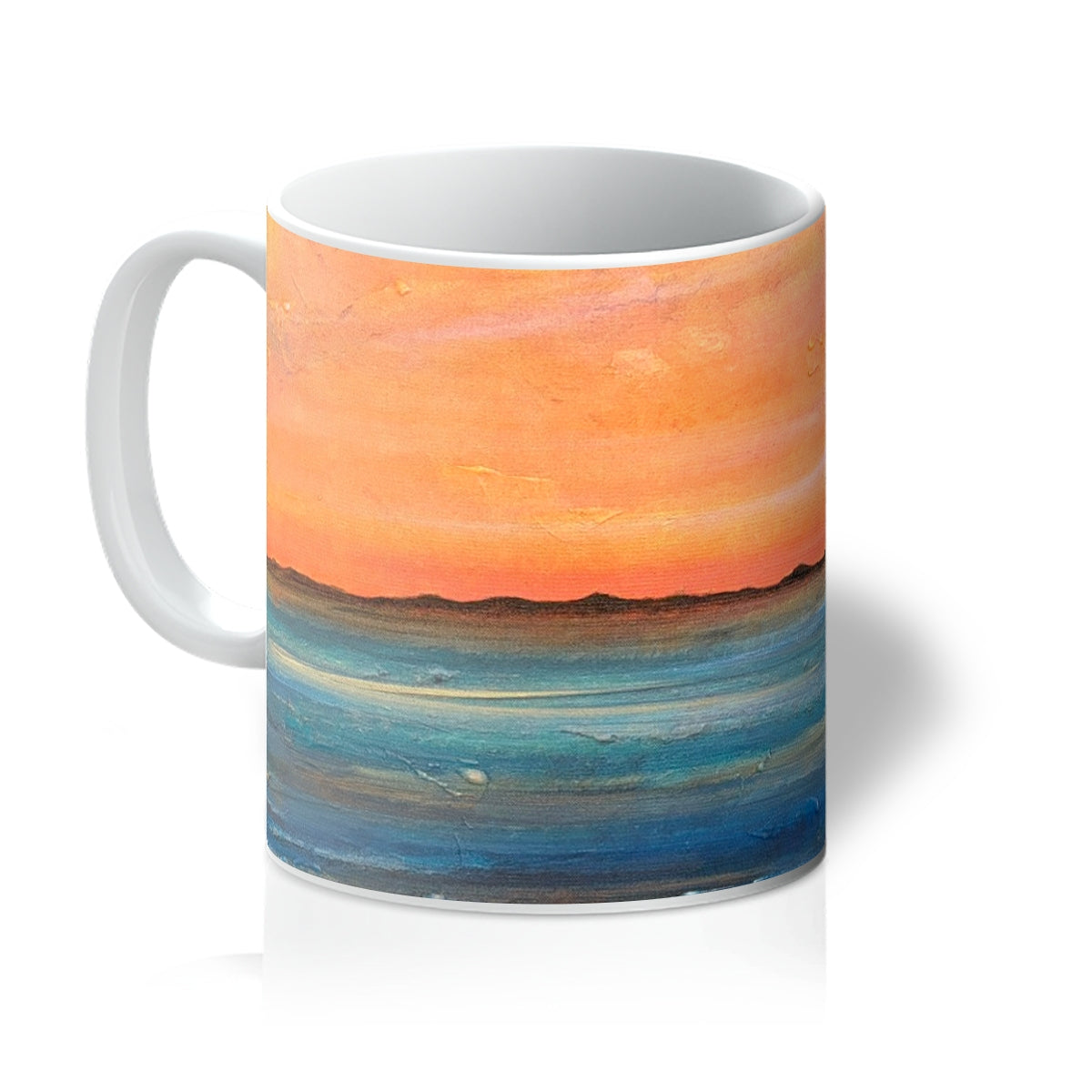 The Isle Of Gigha Mug with sunset design in orange and blue hues
