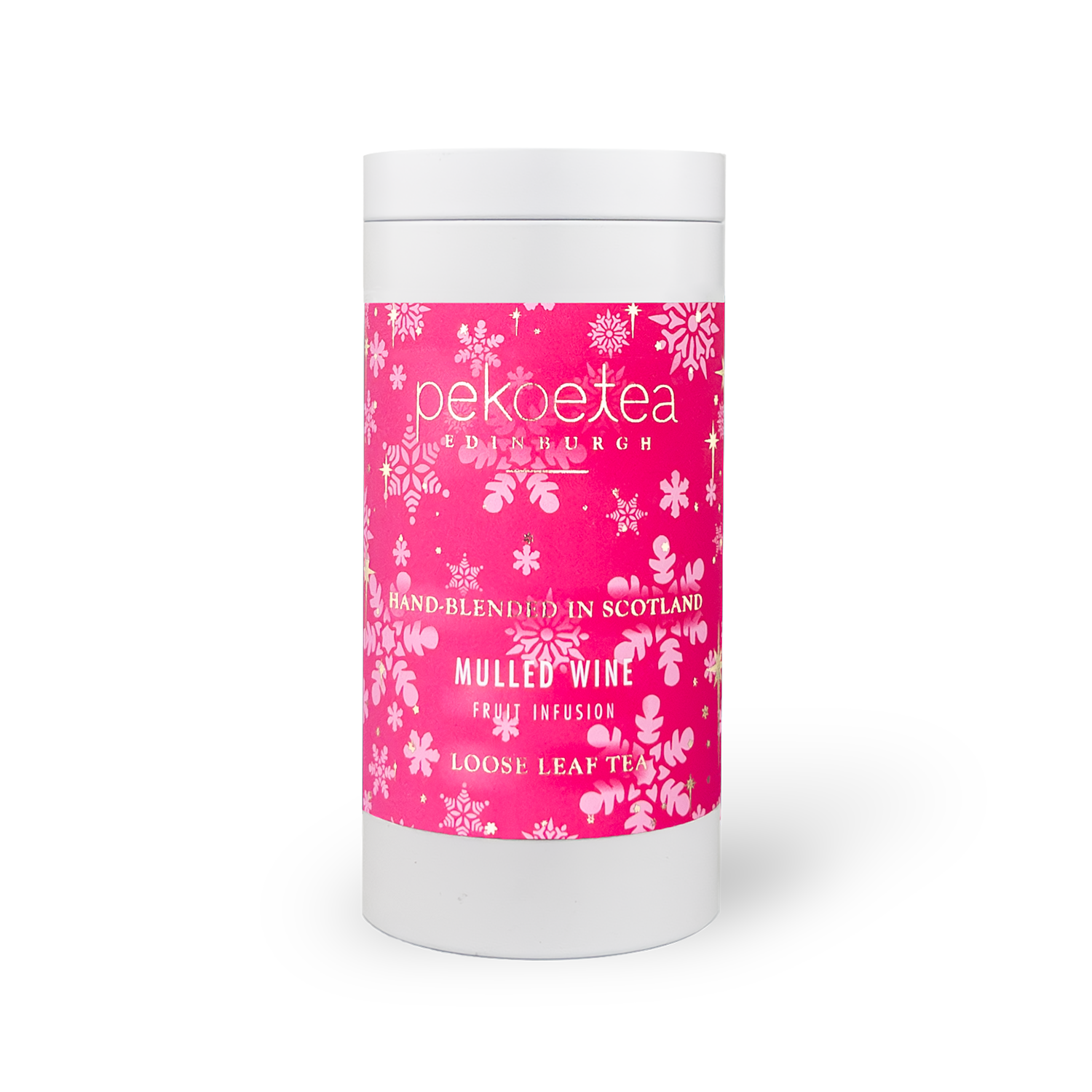 Vibrant pink Pekoe Tea Edinburgh mulled wine tin with snowflake pattern