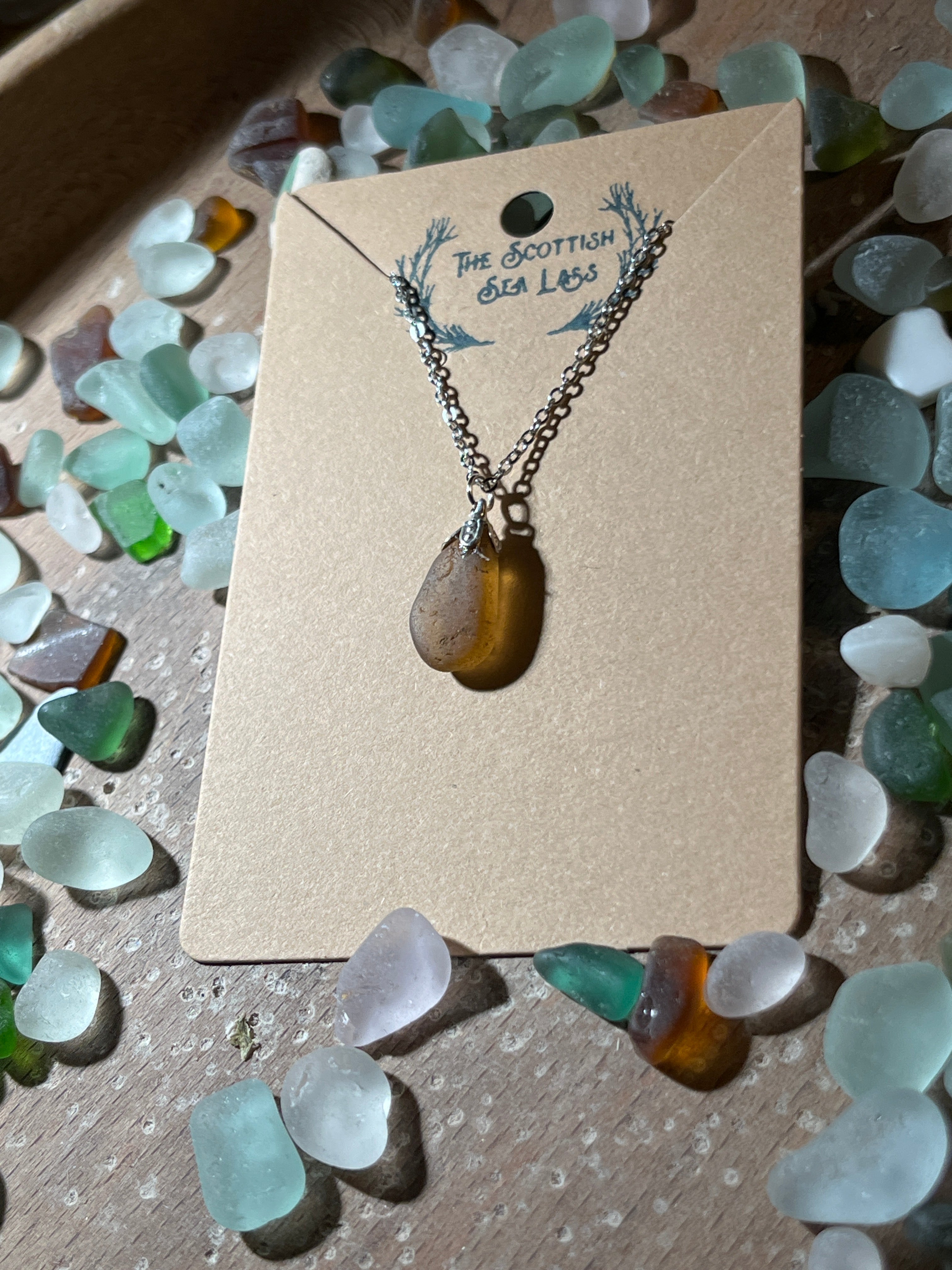 Seaglass Mermaids Tears 925 necklace with amber teardrop pendant