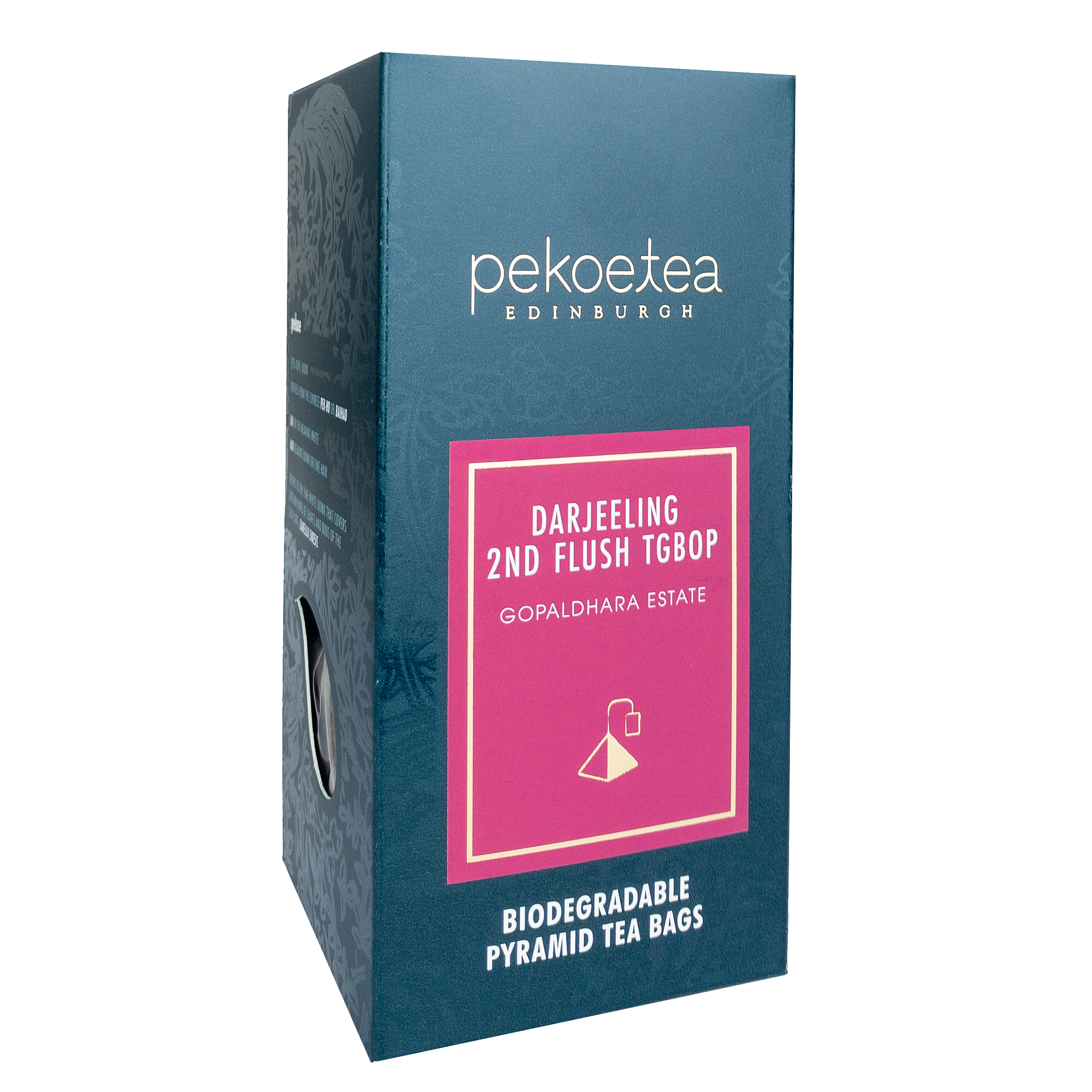 Peko tea edinburgh teal and pink biodegradable pyramid tea bag box of gopaldhara tgbop second flush darjeeling tea