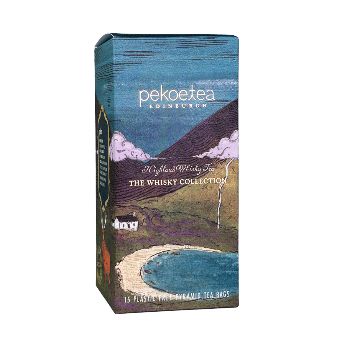 Pekoe tea edinburgh whisky tea highland blend featuring illustrated box and 15 plastic-free pyramid tea bags