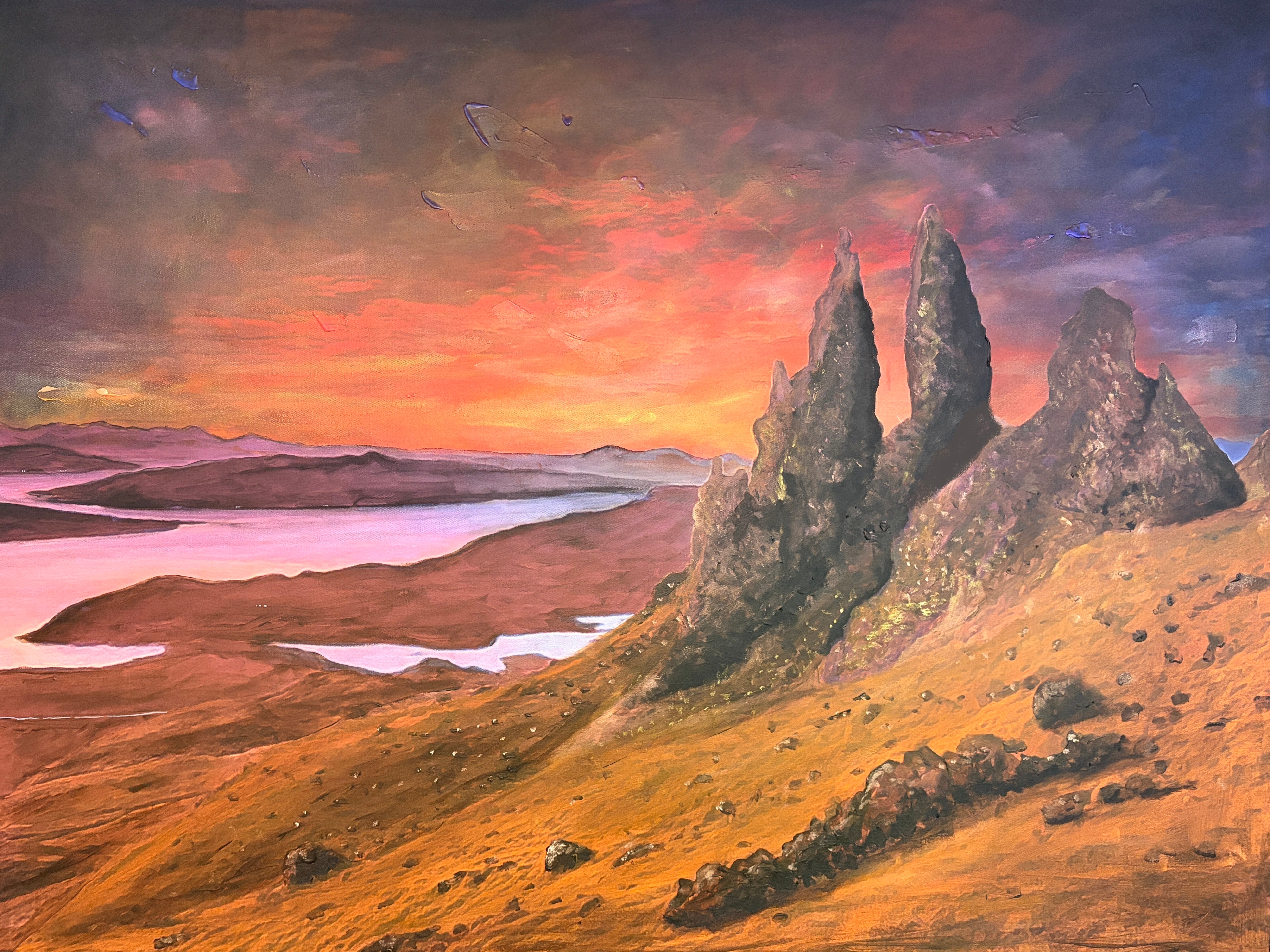 Vibrant oil painting of Old Man of Storr at sunset on Skye, Scotland