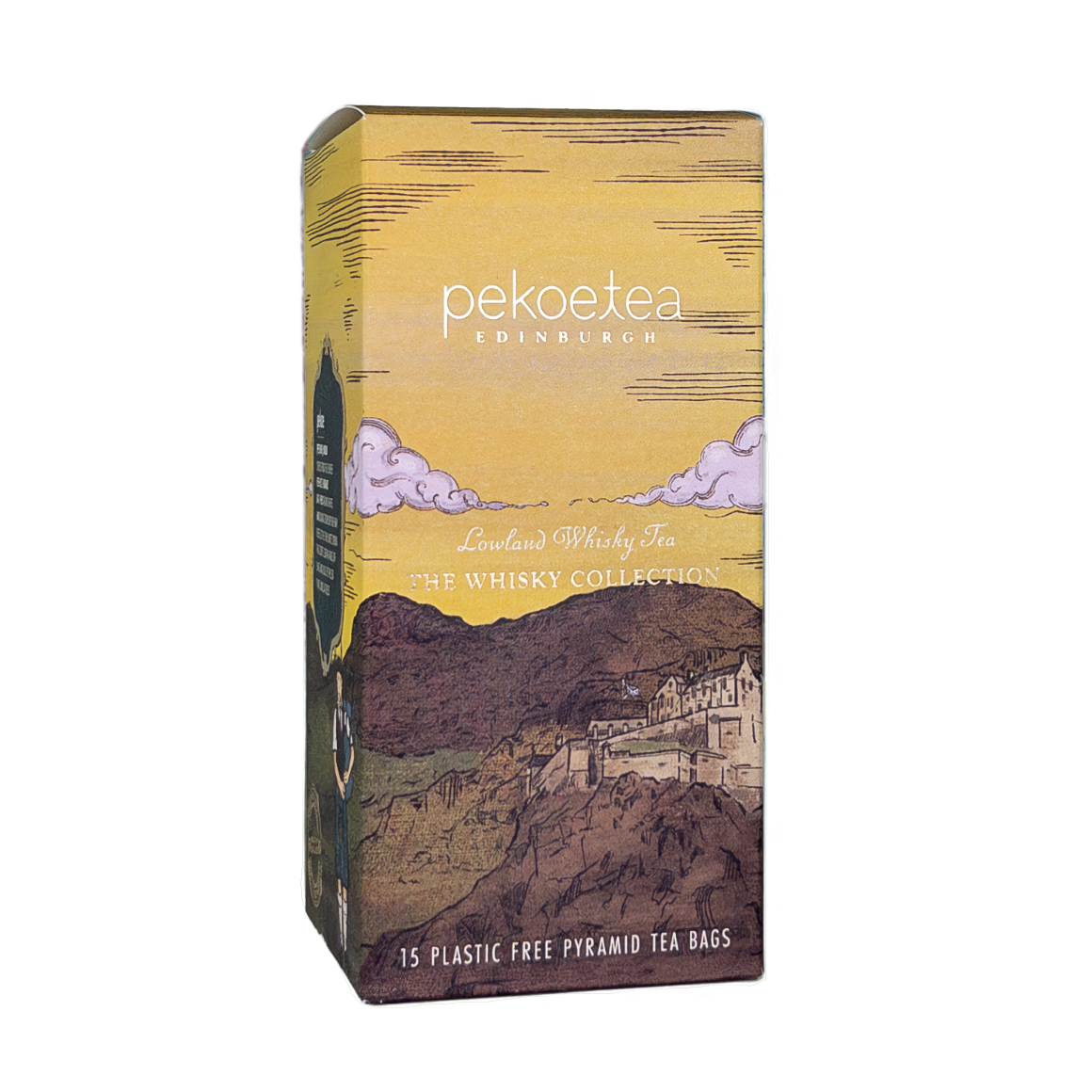 Yellow and purple illustrated box of pekoe tea’s lowland whisky tea featuring a scenic mountain landscape design