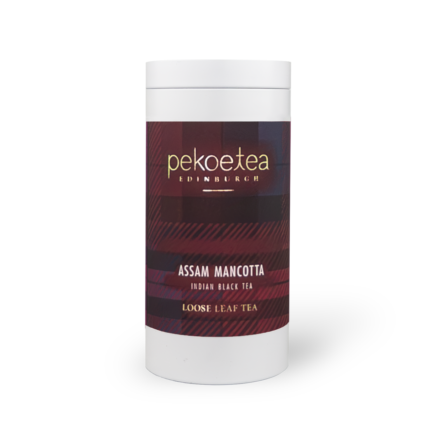 A white cylindrical container of pekoe tea edinburgh’s assam mancotta indian black tea with dark red maroon label