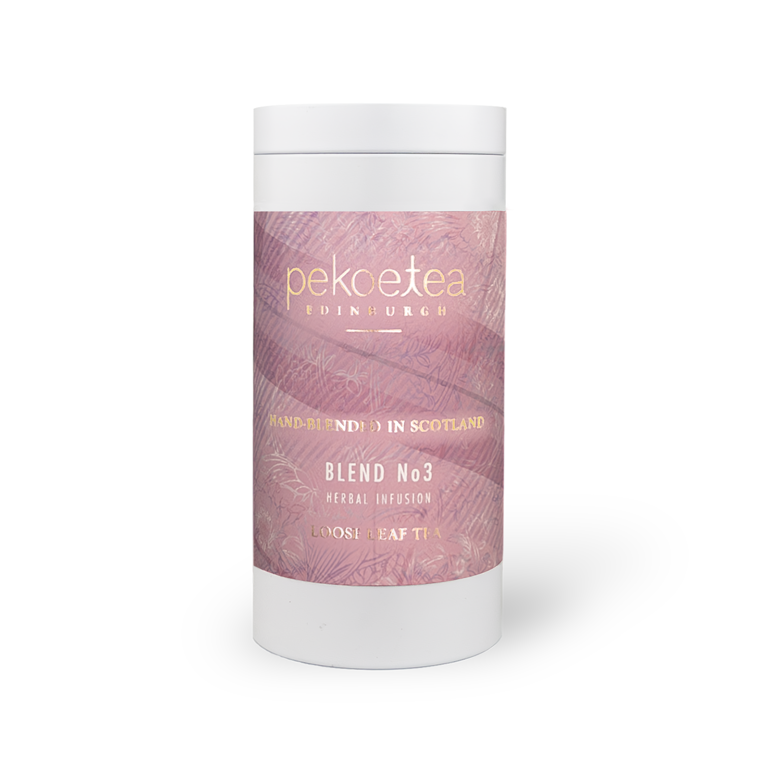 A white cylindrical container with a pink label and gold text from peko tea edinburgh blend no 3 herbal infusion
