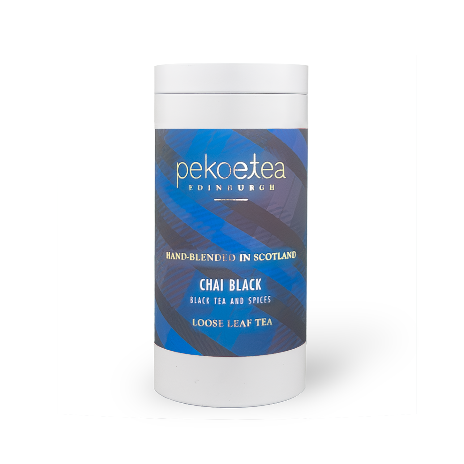 Chai Black Tea: white cylindrical container of Pekoe Tea Edinburghs chai black loose leaf with blue gray striped label