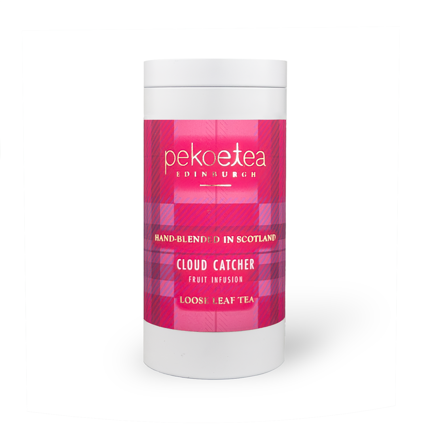 Vibrant pink and white Cloud Catcher pekoe tea fruit infusion tin from Scotland