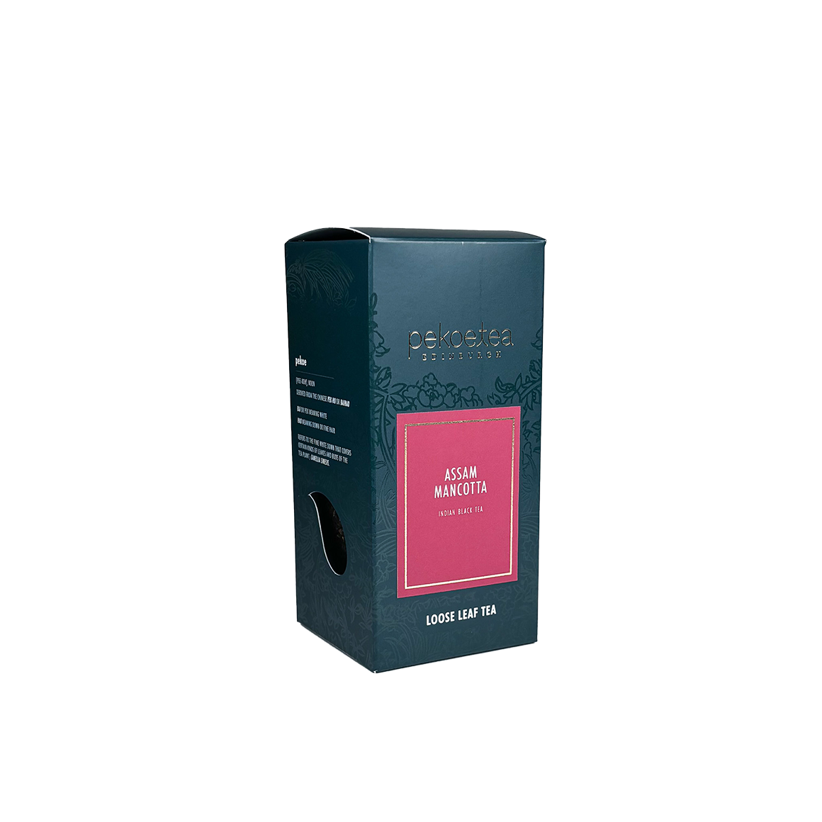 Dark teal cardboard box of mancotta assam pekoe loose leaf tea with vibrant pink label gold trim and floral embossing