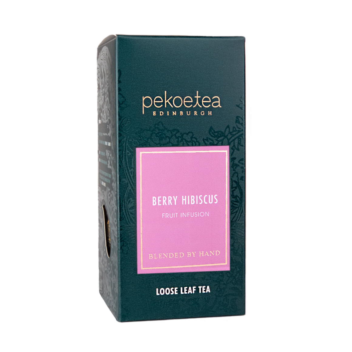 Dark green box of Pekoe Tea Edinburgh Berry Hibiscus loose leaf infusion