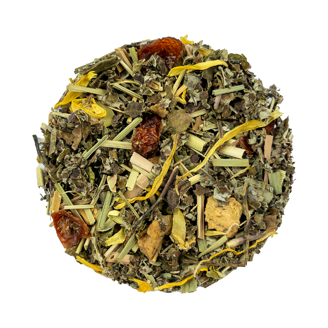 A circular arrangement of blend no 3 dried herbal tea featuring green leaves yellow petals and reddish brown pieces
