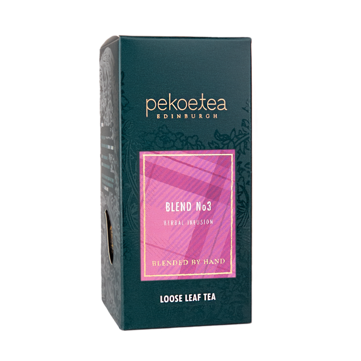 Tea box from Pekoe Tea Edinburgh in dark teal with ornate pattern and vibrant pink label blend no 3 herbal infusion