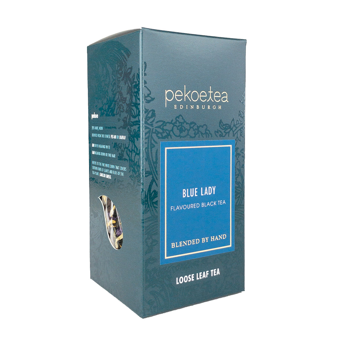 Blue lady flavoured black tea box from pekoe tea edinburgh with teal and blue design for aromatic tea brewing