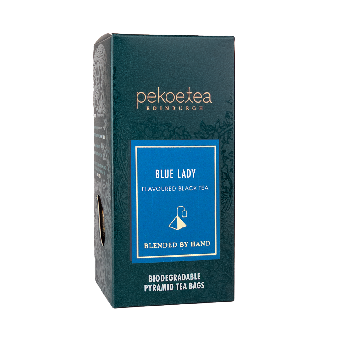 Dark teal box of Pekoe Tea Edinburghs Blue Lady flavoured black tea with pyramid bags