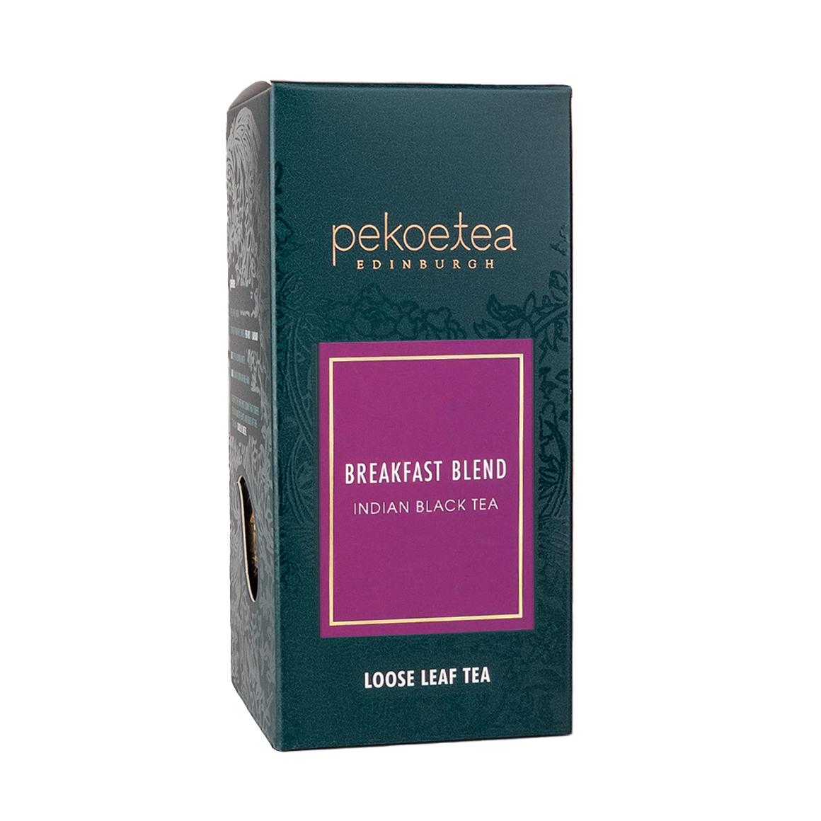 Dark green rectangular box of pekoe tea edinburgh breakfast blend indian black tea with magenta label and gold trim