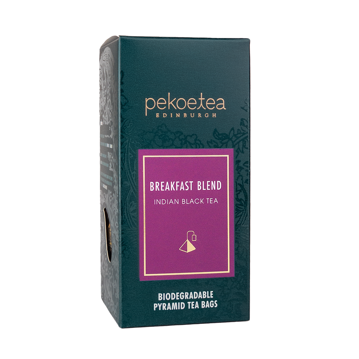 A sleek dark teal box of pekoe tea edinburgh breakfast blend indian black tea with purple label and pyramid tea bags