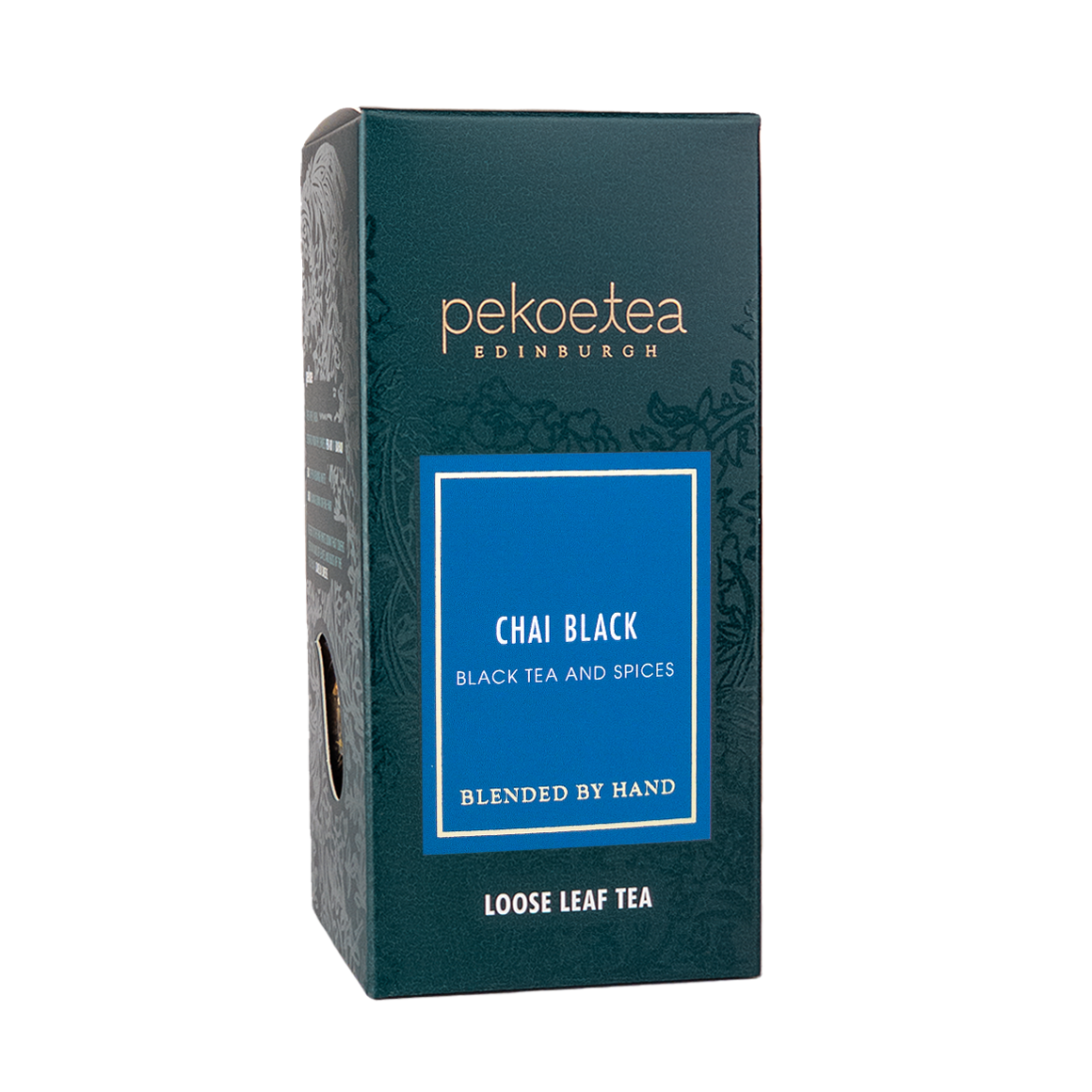 Dark teal rectangular box of Edinburghs chai black loose leaf tea with a blue label and ornate patterned design
