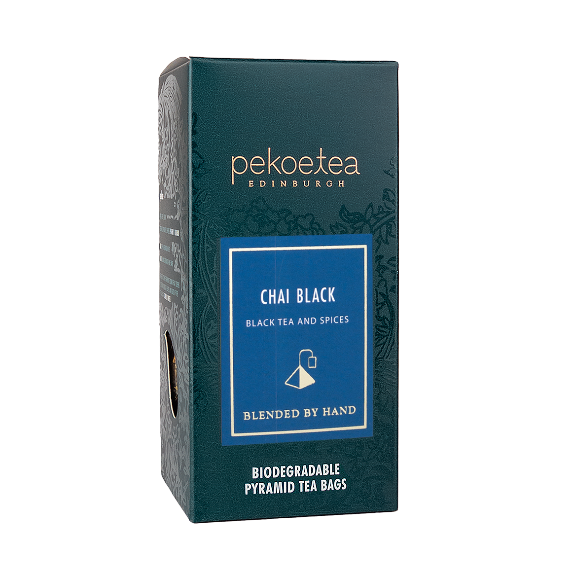 Dark teal rectangular box of pekoe tea edinburgh chai black with blue label white text and pyramid tea bag illustration