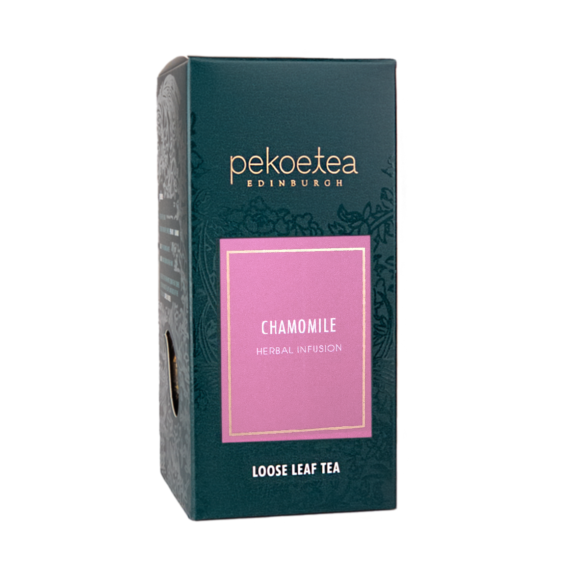 Dark green rectangular box of pekoe tea Edinburgh chamomile herbal infusion loose leaf tea with pink label and gold trim