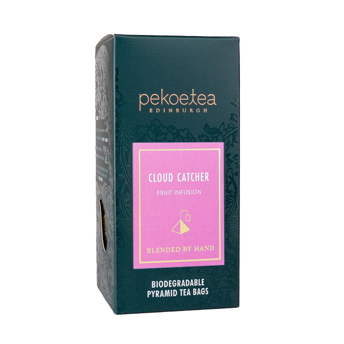 Dark green rectangular box of pekoe tea edinburghs cloud catcher fruit infusion with pink label and gold trim featuring pyramid tea bags illustration