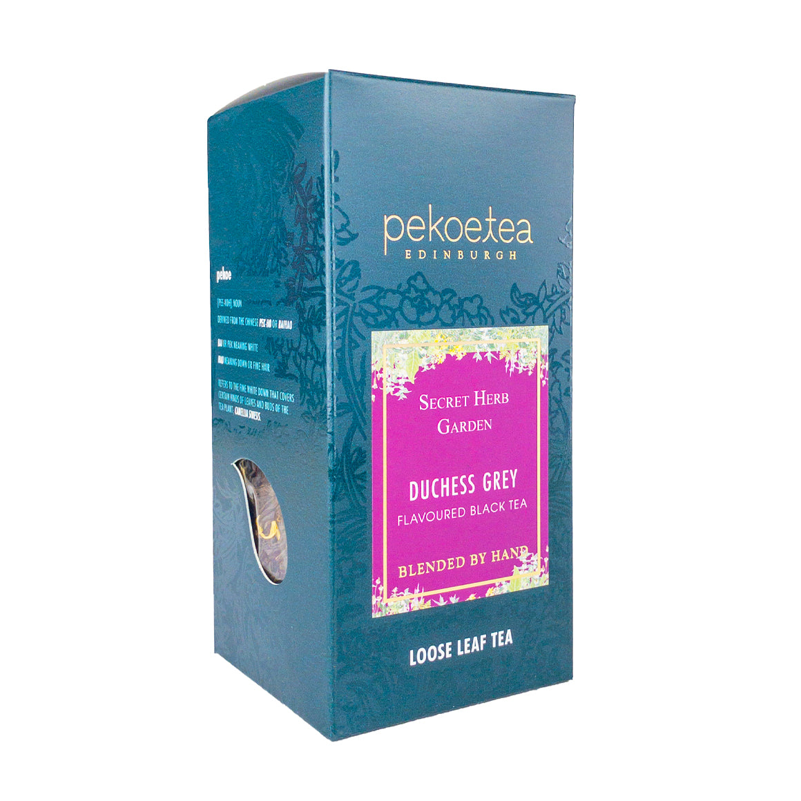 Pekoe Tea Edinburgh Duchess Grey tea box with teal floral design and pink label