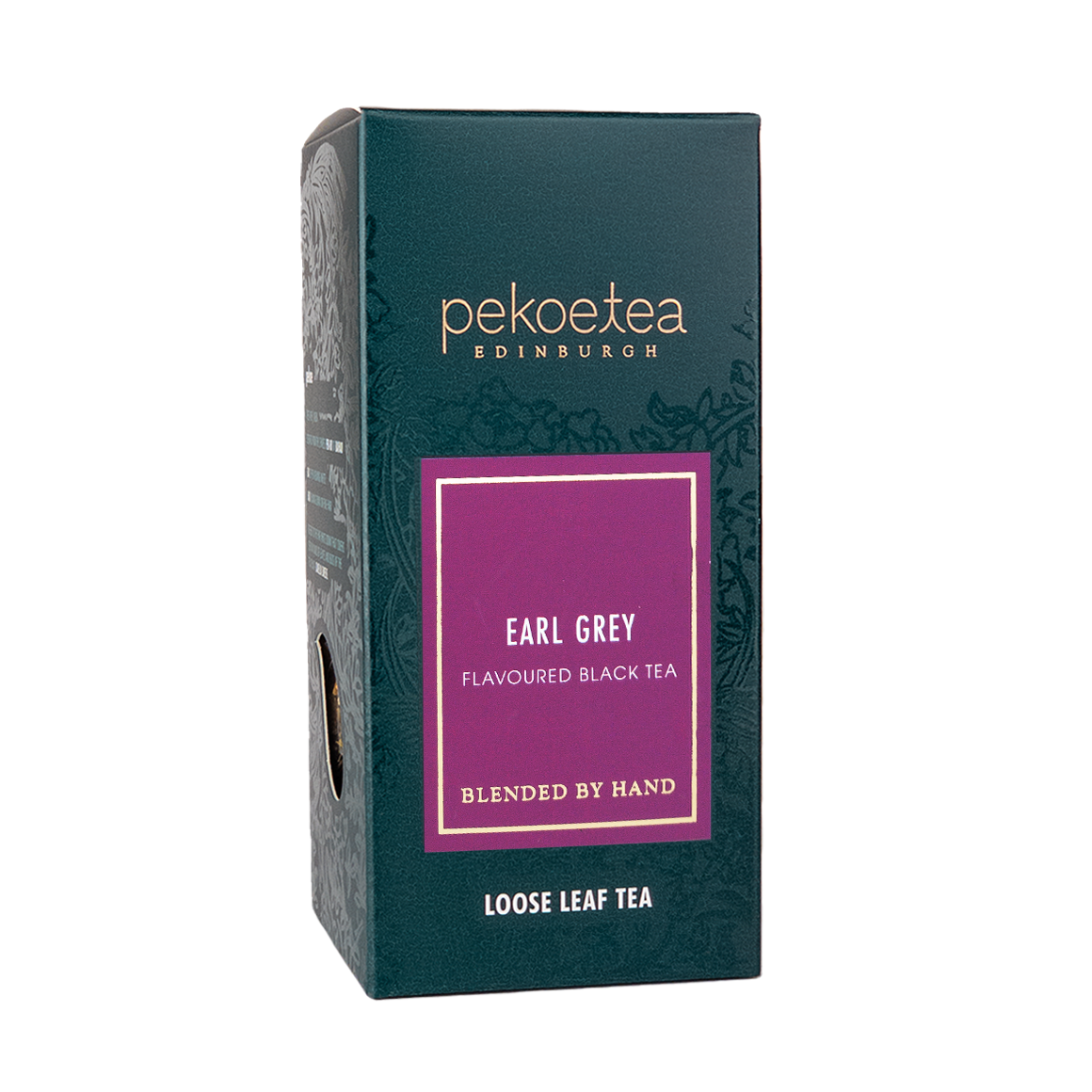 Dark teal rectangular box of pekoe tea edinburgh earl grey flavoured black tea with purple label gold text and floral pattern