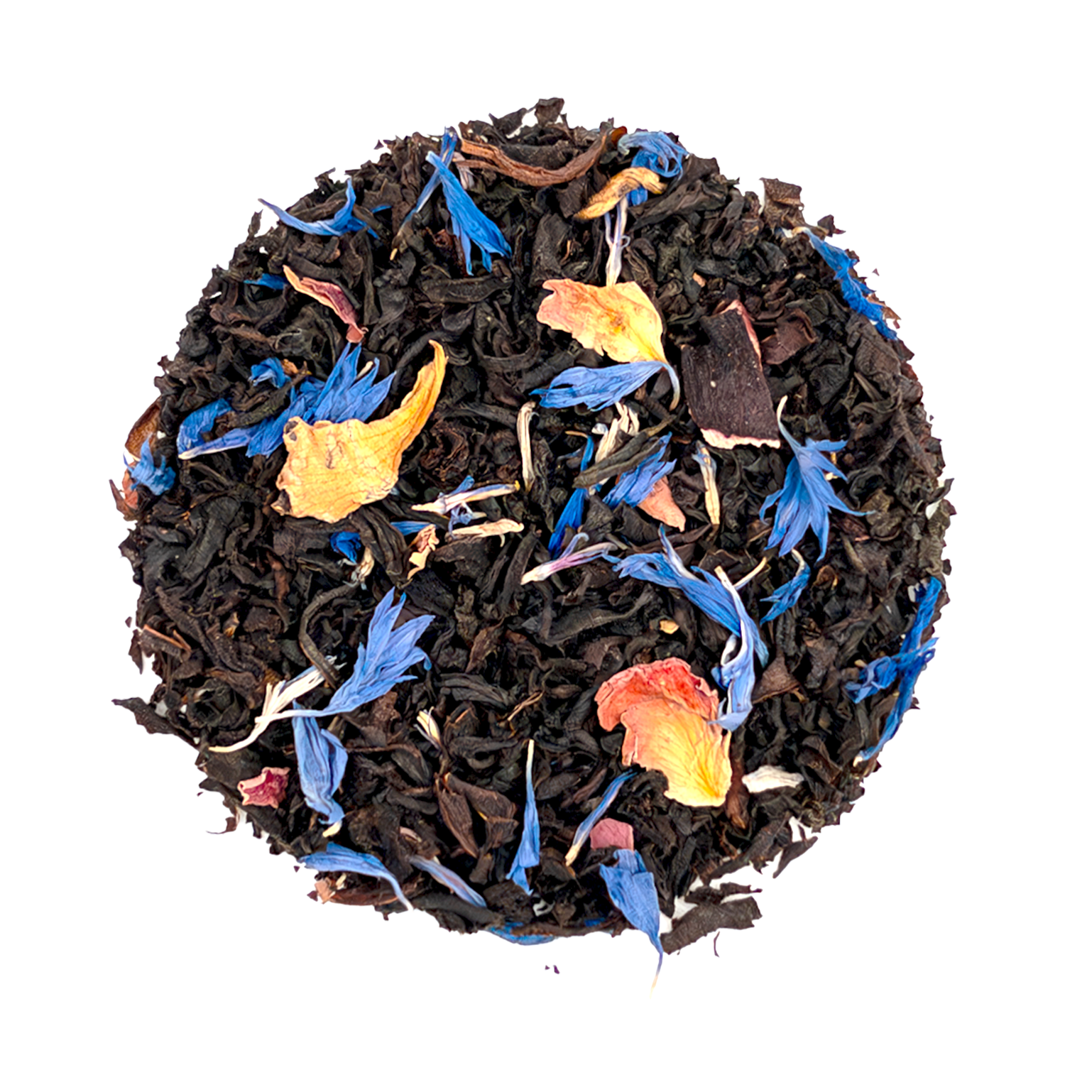 A circular arrangement of dark black tea leaves mixed with vibrant blue yellow and orange petals in french earl grey tea