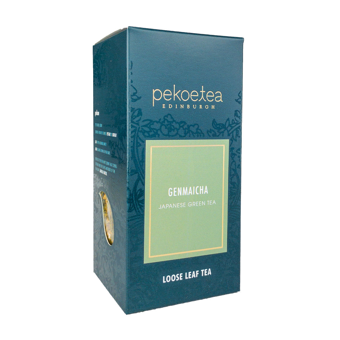 Deep teal rectangular box of pekoe tea genmaicha japanese green tea with light mint-green label and gold trim