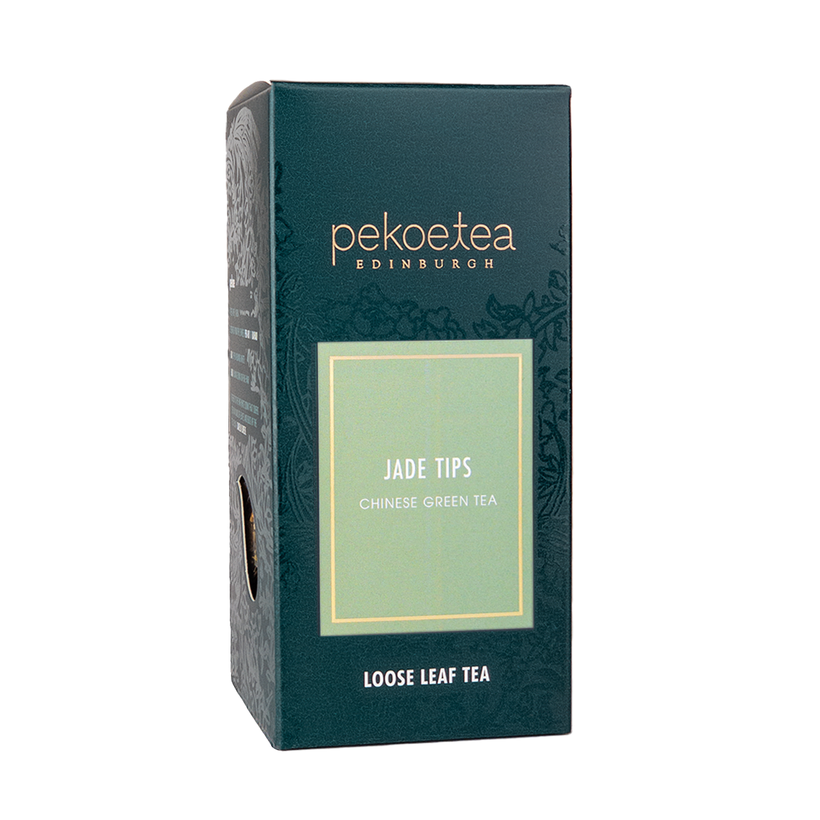 Dark green rectangular box of xin yang mao jian jade tips chinese green tea with light mint green label and gold trim