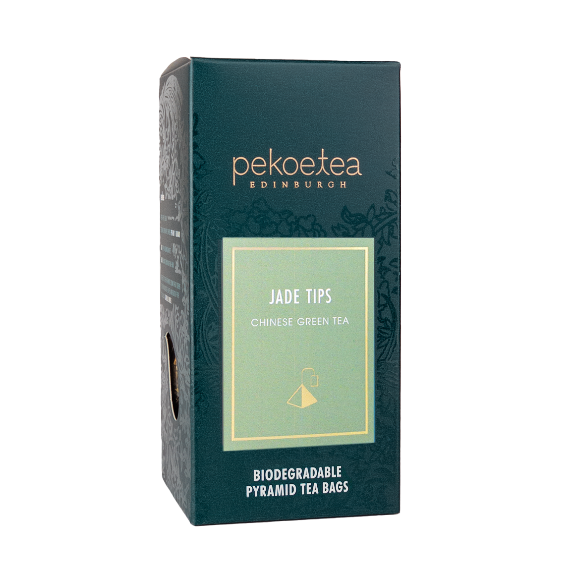 Dark teal rectangular box of pekoe tea edinburgh’s jade tips chinese green tea with light green label and gold trim featuring pyramid tea bags illustration