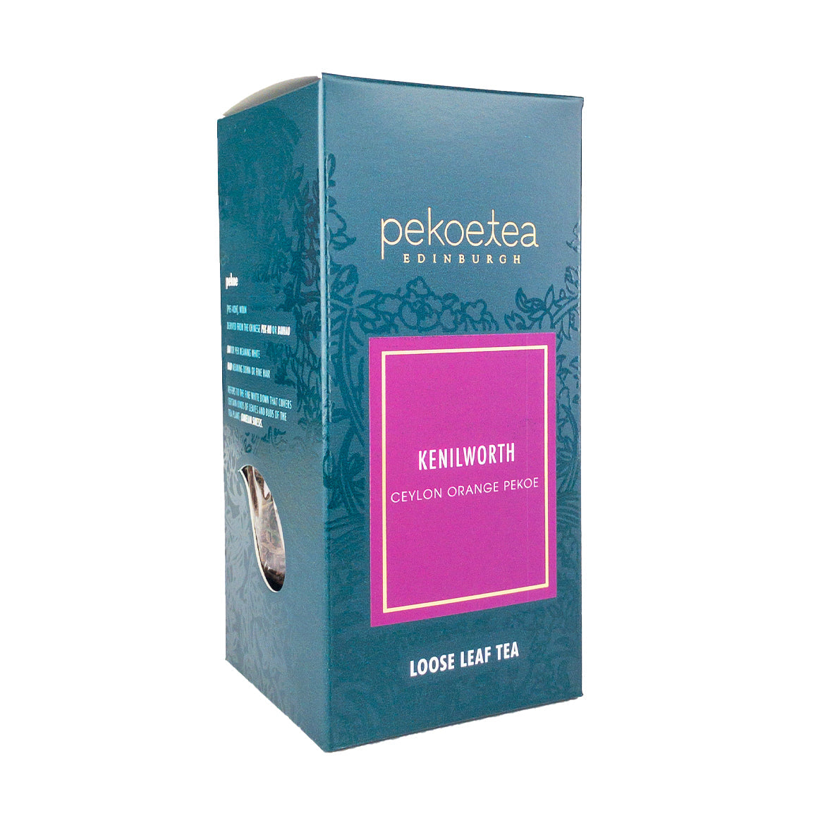 Tea box with teal and magenta design featuring pekoe tea edinburgh brand kenilworth ceylon orange pekoe