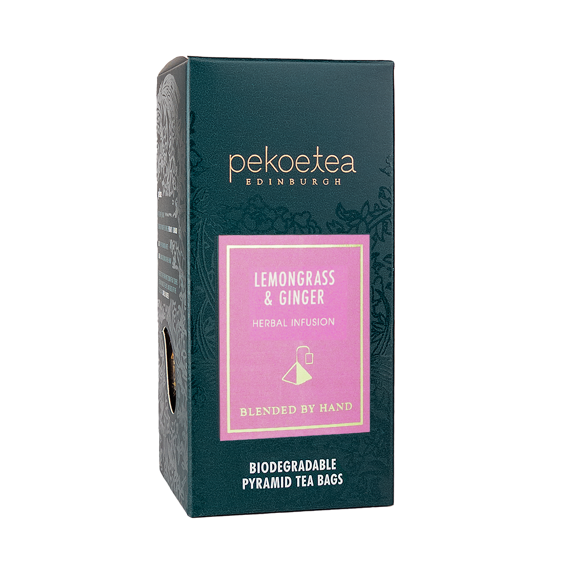 Dark green rectangular box of pekoe tea edinburgh lemongrass and ginger herbal infusion with pink and gold label