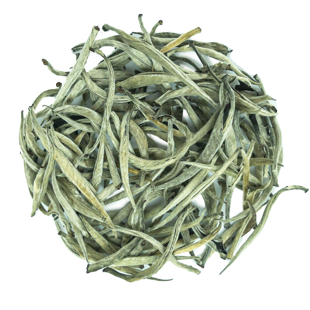 A pile of delicate slender white tea leaves with greenish tint and silver tips from maratenna ceylon silver tips