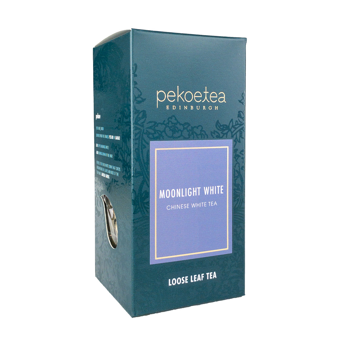 Tea box with teal and lavender design featuring pekoe tea edinburgh brand for yunnan moonlight white tea