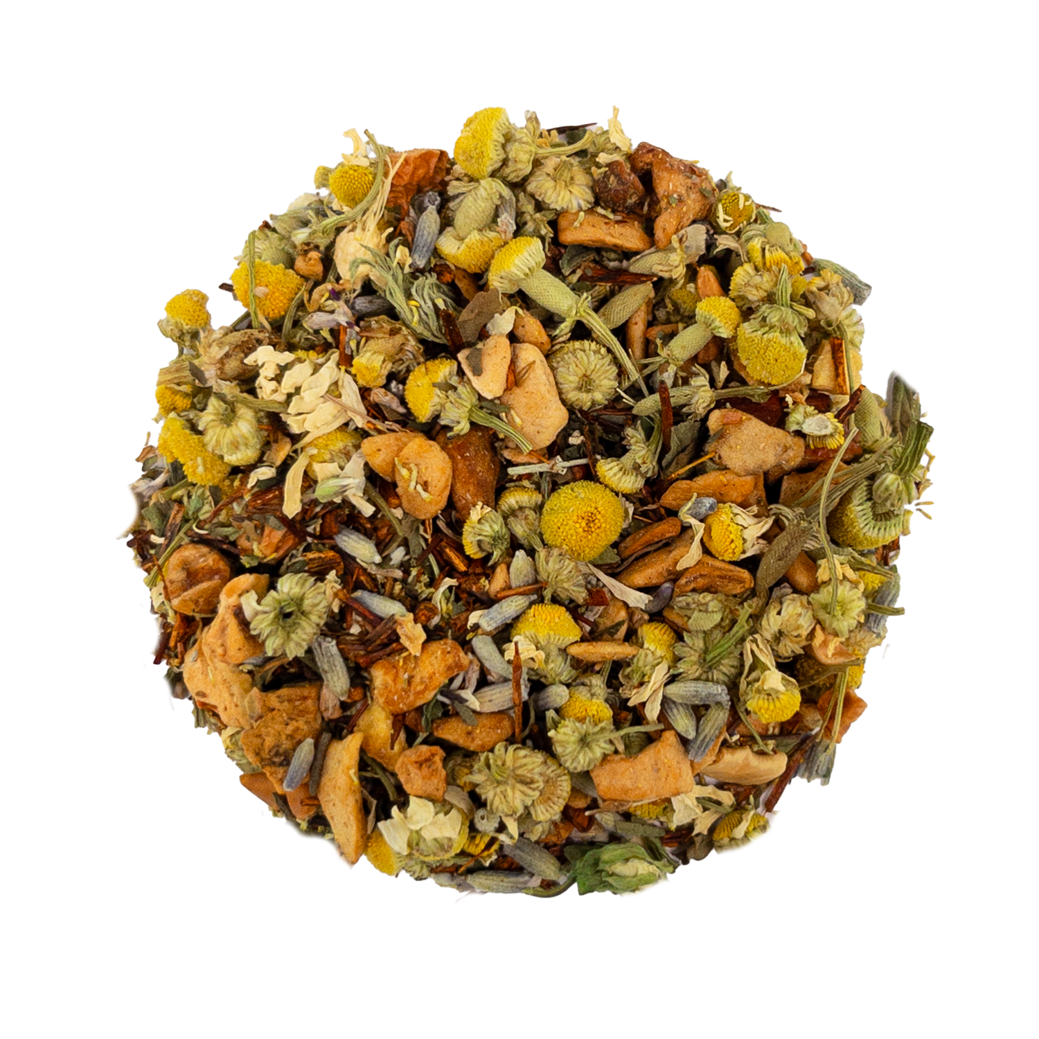 A circular pile of newhaven harbour dried herbal tea blend with yellow chamomile flowers green leaves lavender buds and citrus pieces