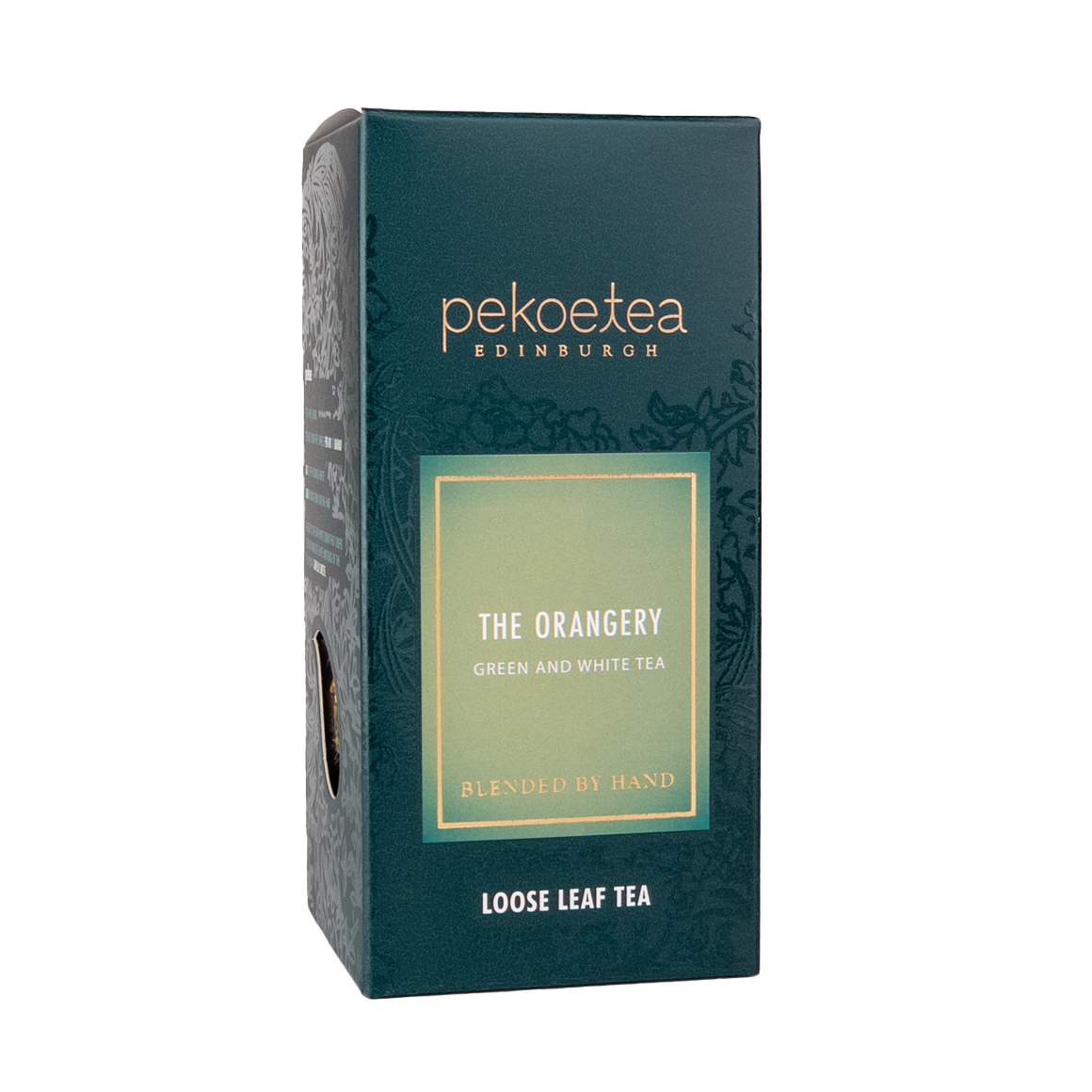 Dark teal box of Pekoe Tea Edinburghs The Orangery green white loose leaf tea