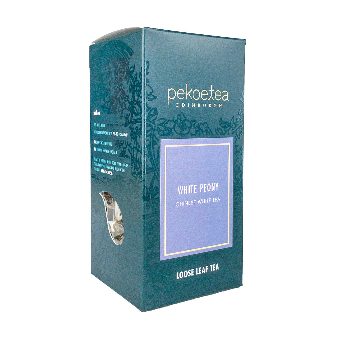 Tea box with teal and lavender design featuring pekoe tea edinburgh brand name for pai mu dan white tea