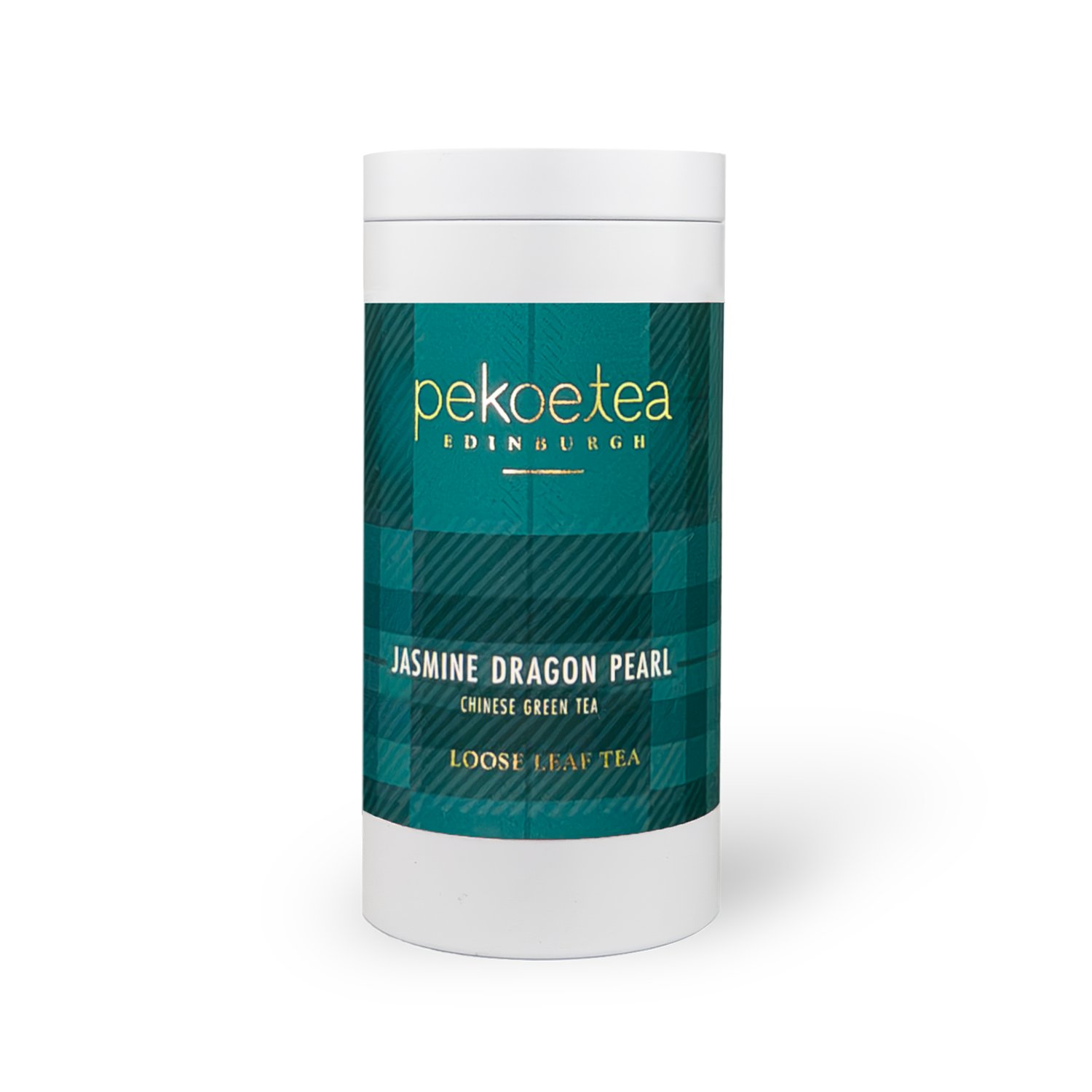 Jasmine Dragon Pearl Green Tea white tin with teal plaid label