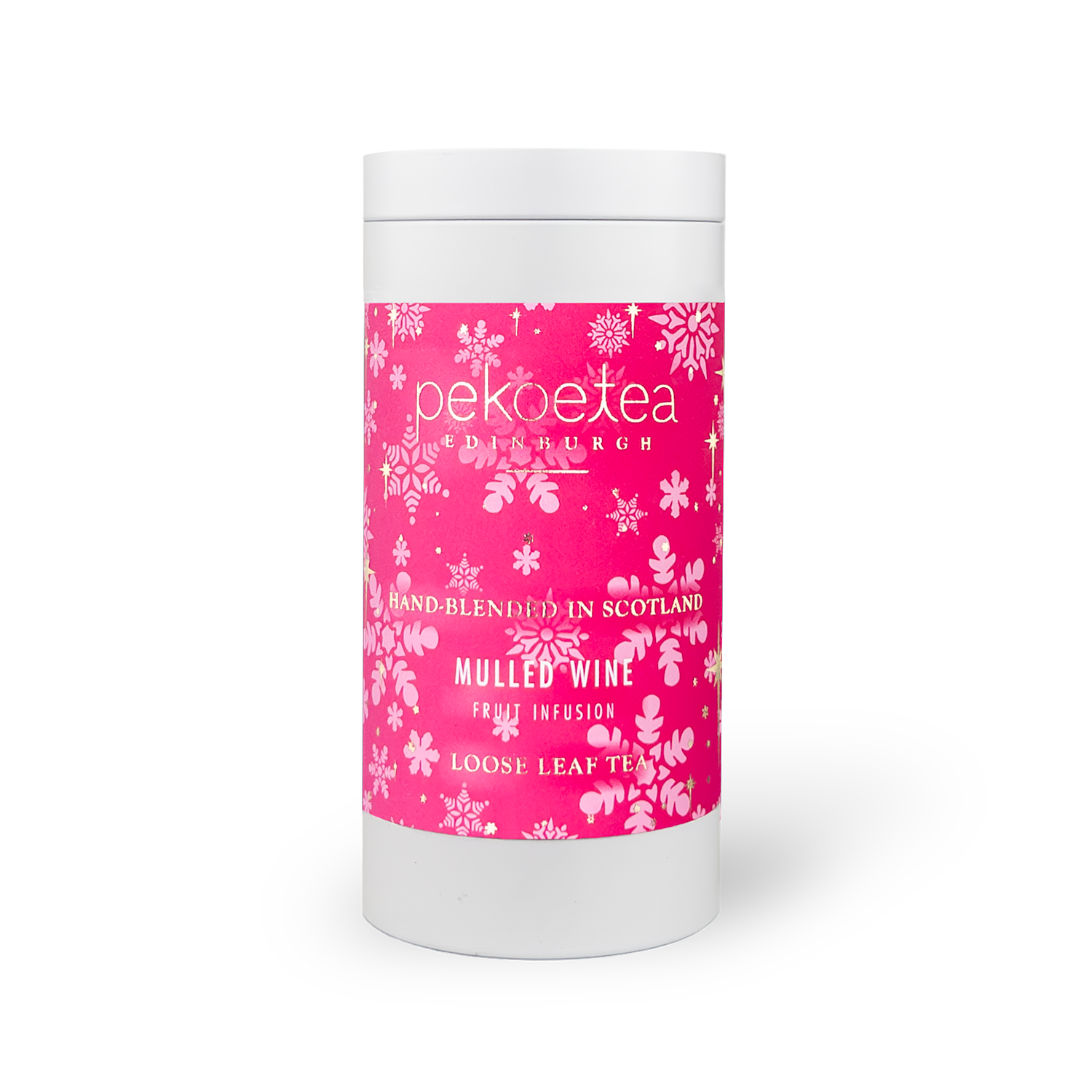 A vibrant pink cylindrical mulled wine tea container with white lid and snowflake pattern by pekoe tea edinburgh
