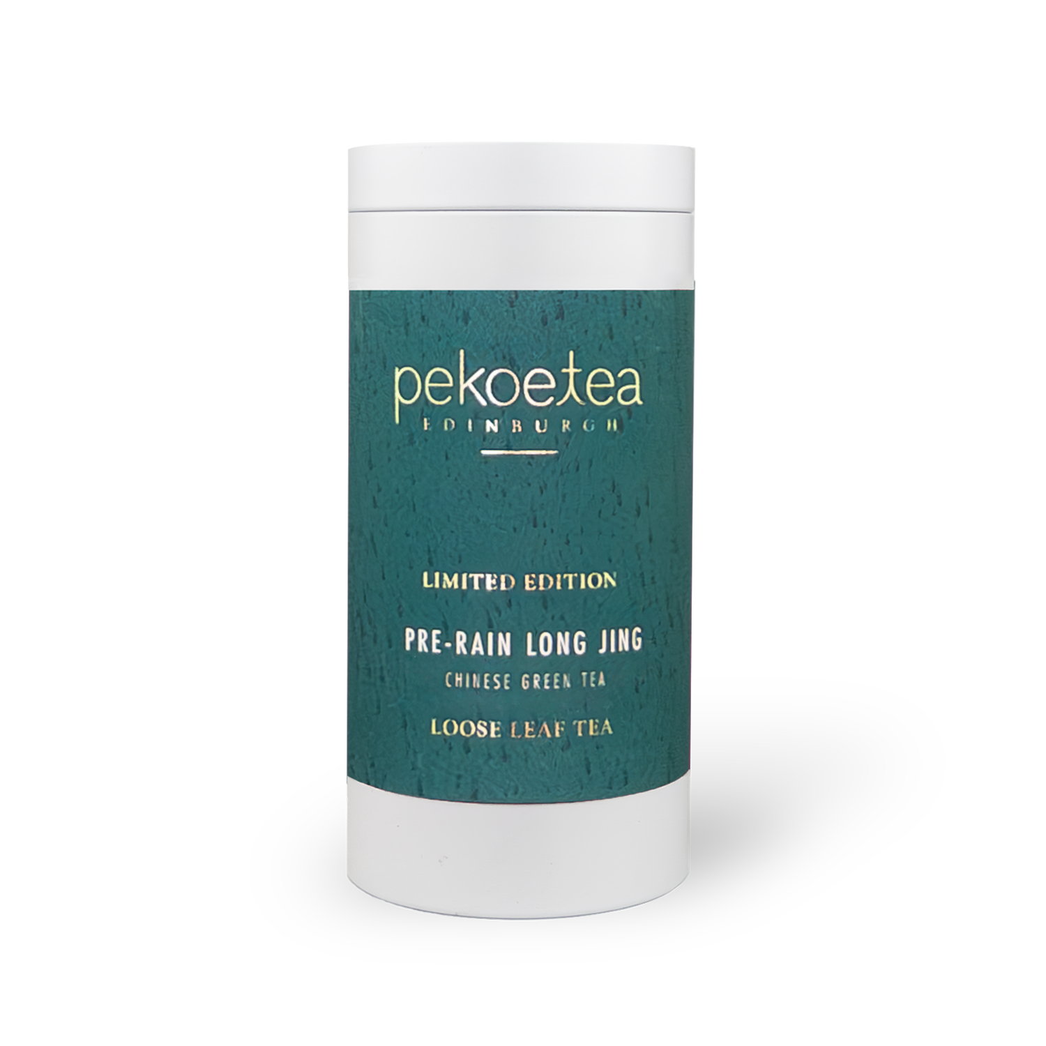 A sleek white cylindrical container with a teal textured label and gold lettering for pre-rain long jing Chinese green tea by Pekoe Tea Edinburgh