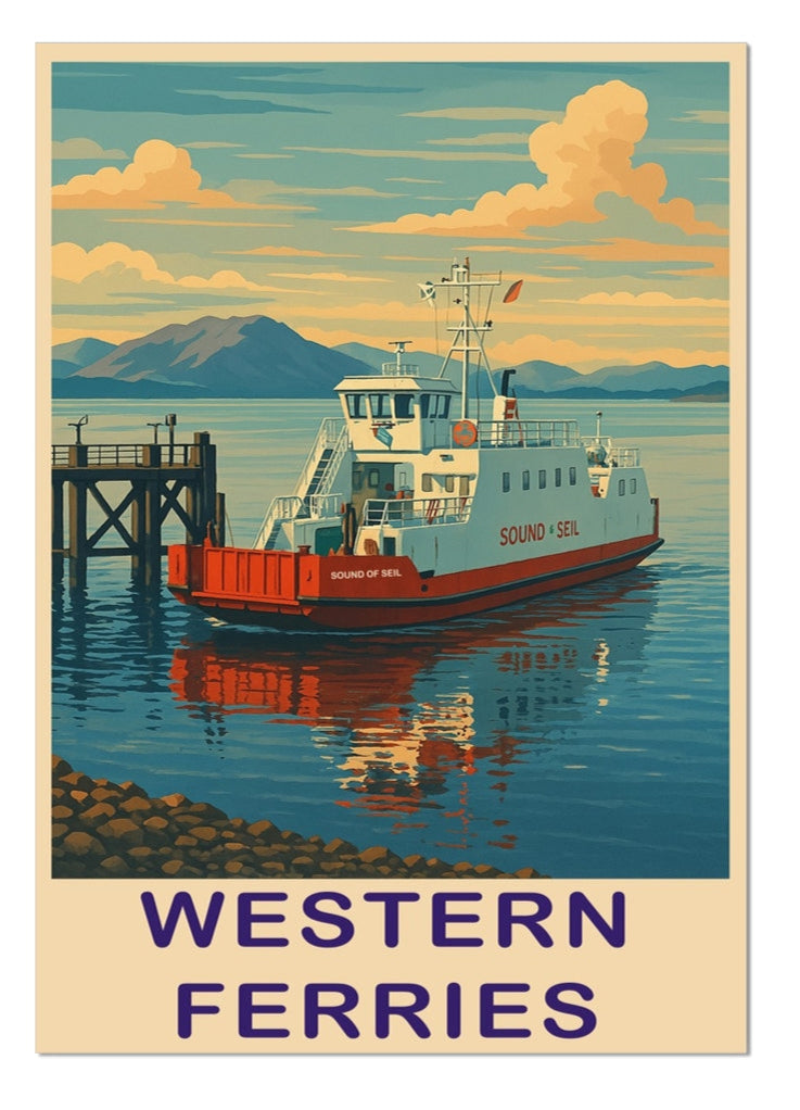 A colorful vintage-style poster featuring a ferry docked at a pier with mountains in the background and the text "WESTERN