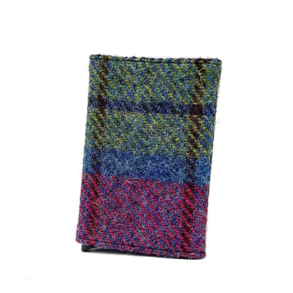 Pop up card holder in vibrant green blue and magenta plaid woolen tweed with a compact rectangular design
