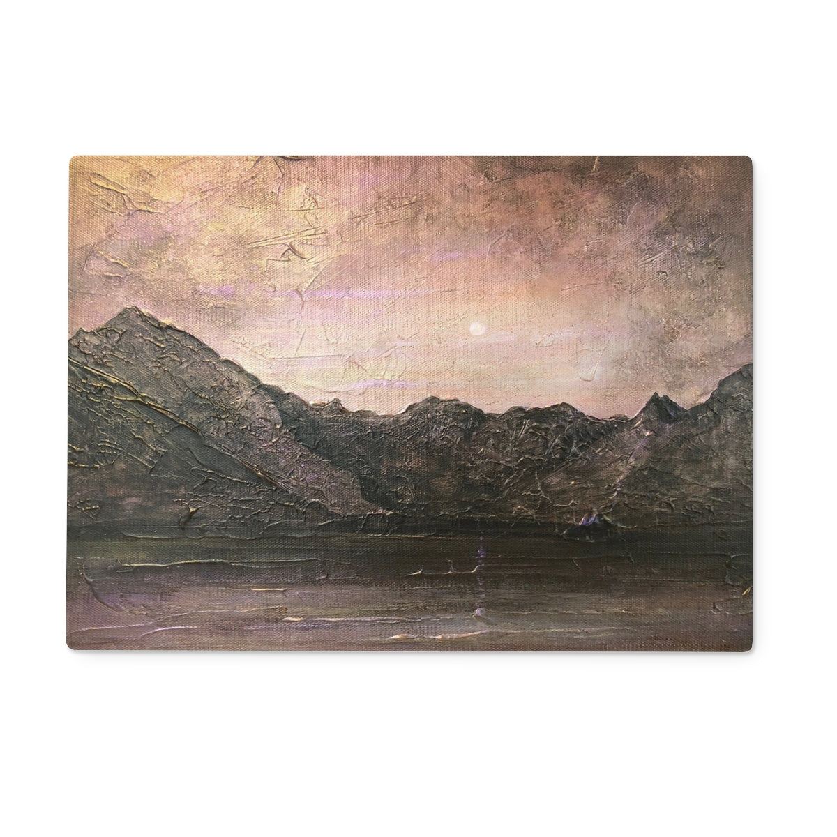 Textured dusk mountain painting on Dubh Ridge Moonlight chopping board