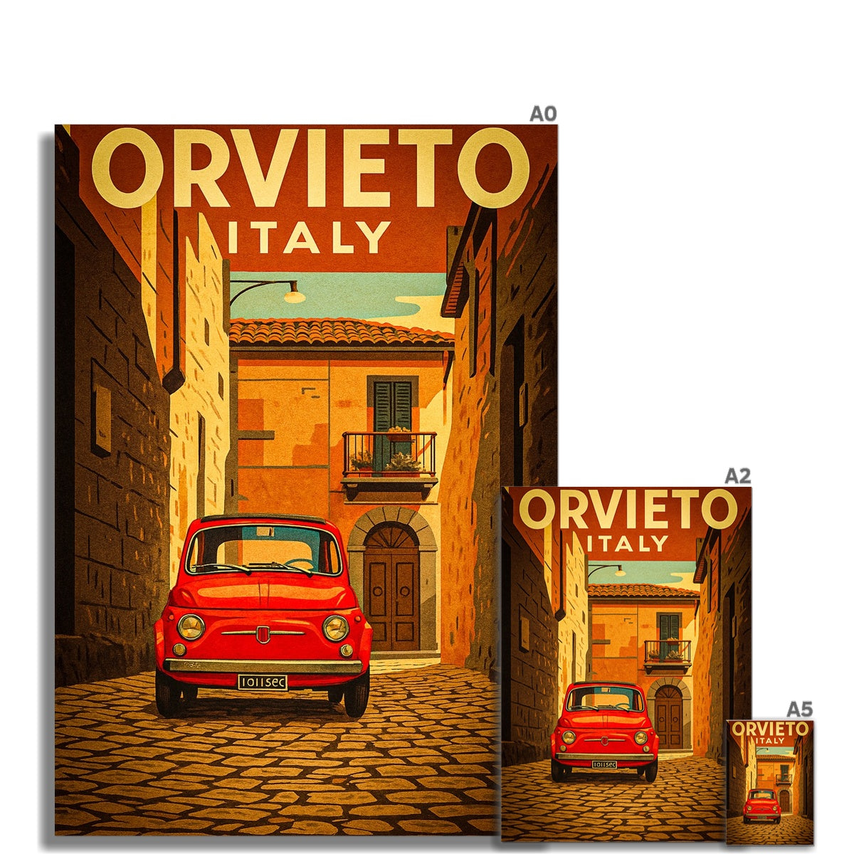 Orvieto Italy fine art print featuring a red vintage fiat 500 car in a stylized travel poster design