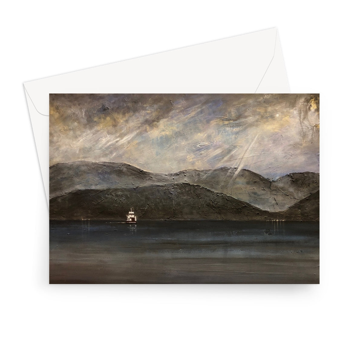 Lochranza Moonlit Ferry greeting card with boat, water, and mountains