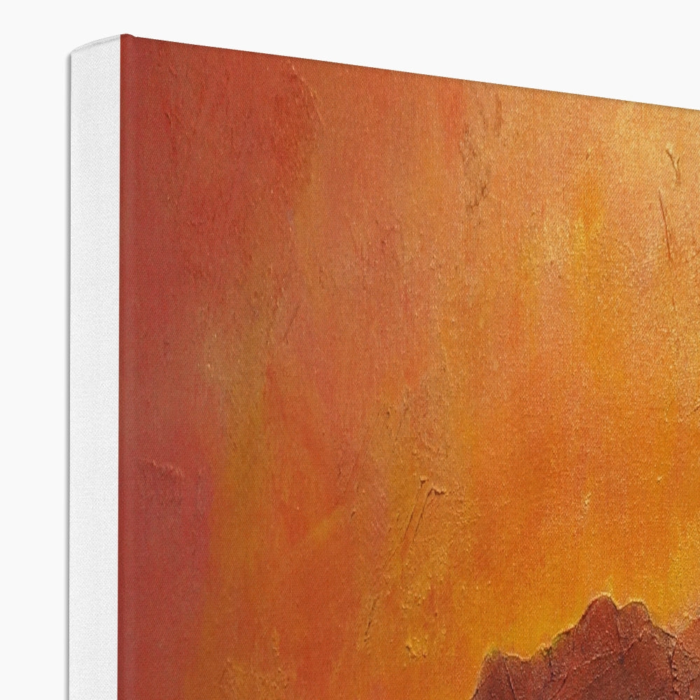Madrid Dusk Canvas: Orange textured wall art with mountain silhouette