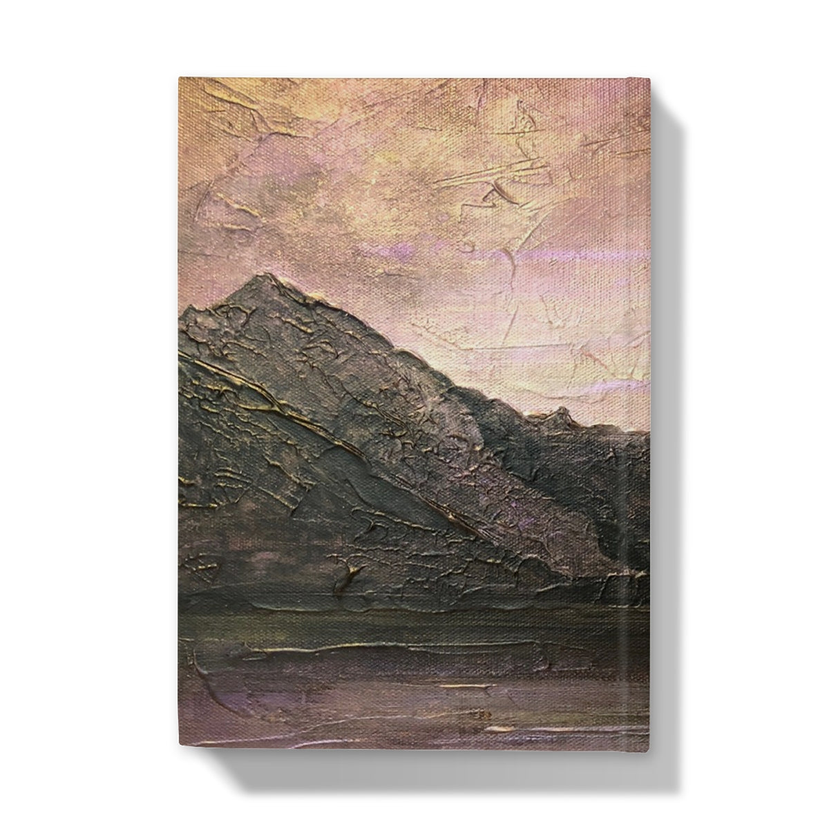 Textured canvas painting of rugged Dubh Ridge mountains under pastel moonlight sky
