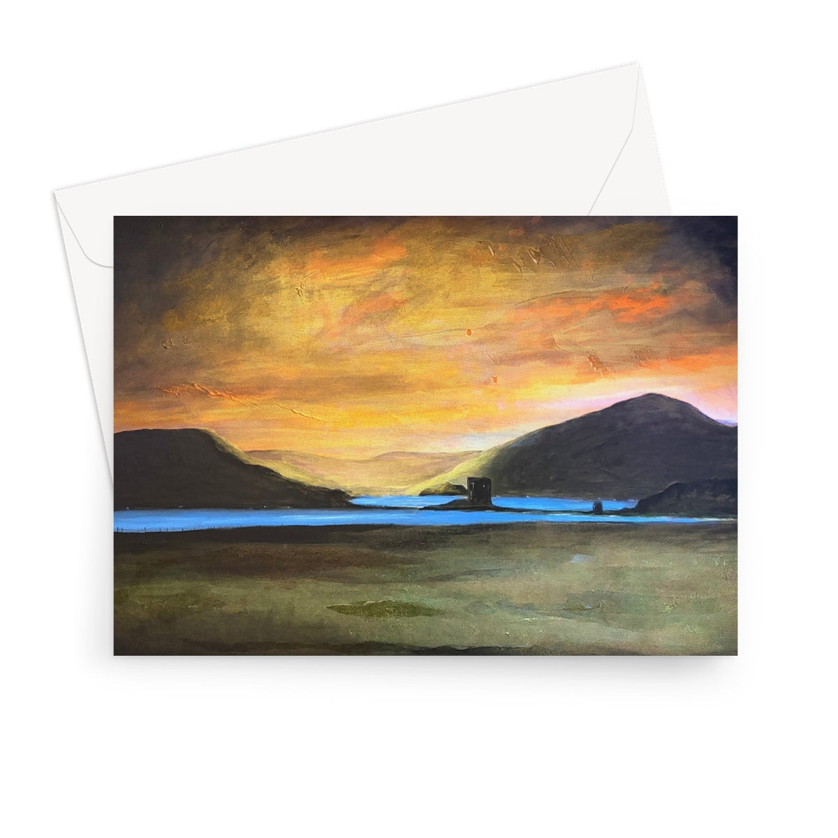 Castle Stalker Glow greeting card with glowing orange sky over hills and water