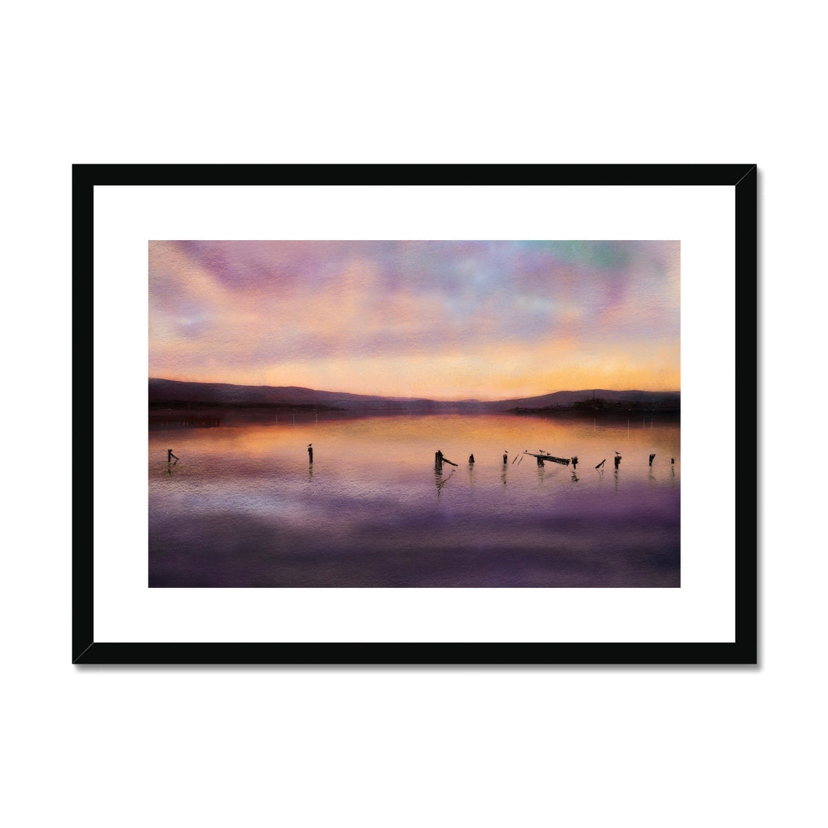 Black framed canvas print of serene misty lake at dusk, Admiralty Jetty